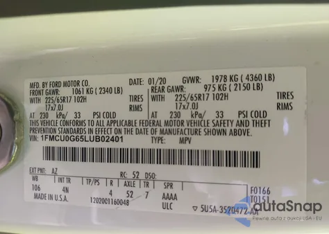 2020 Ford Escape Se from USA, damaged, VIN 1FMCU0G65LUB02401